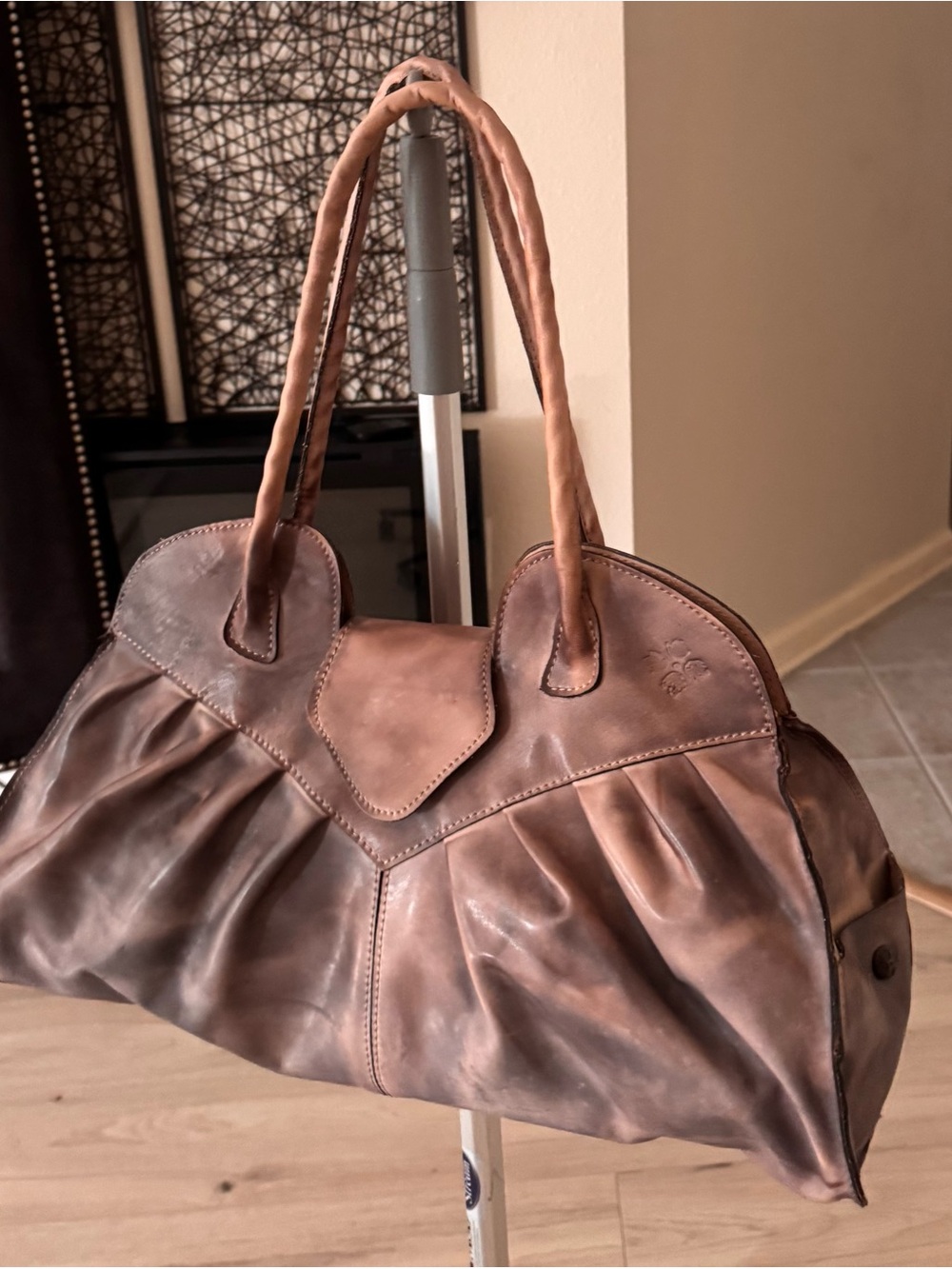 Patricia Nash Lione XL Taupe Brown Leather Pleated Satchel Handbag 18” - Picture 9 of 13